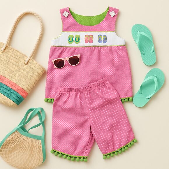 Beaux et Belles Girls 2-Piece Set | Pink Smocked Flip Flops Top & Shorts Size 6 - Picture 1 of 9